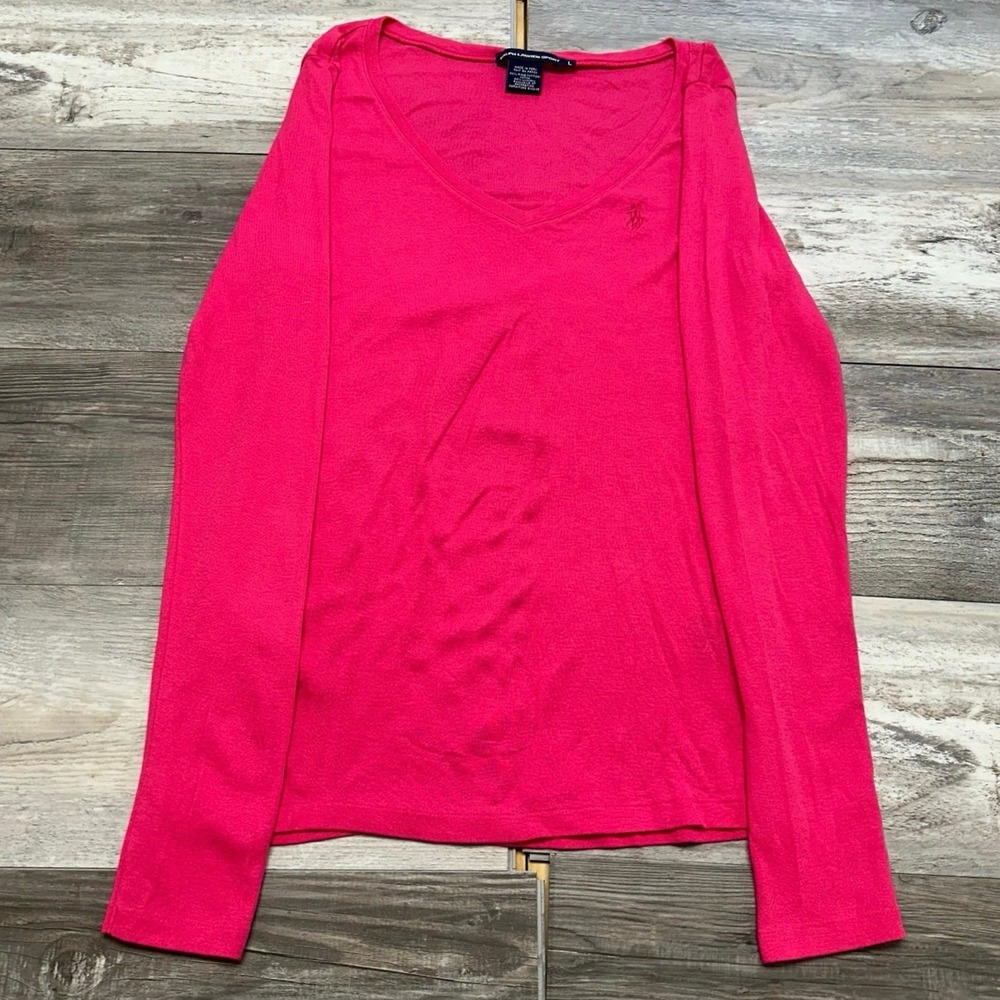 Ralph Lauren Sport Bright Pink Womens L Pink Pony‎ Preppy V-neck Knit Sweater